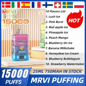 MRVI Puffing 15000 Puffs Dual Mesh Digital Screen 2% 5% Low Nicotine Rechargeable Disposable Vapes Pen Bulk Buy Wholesale